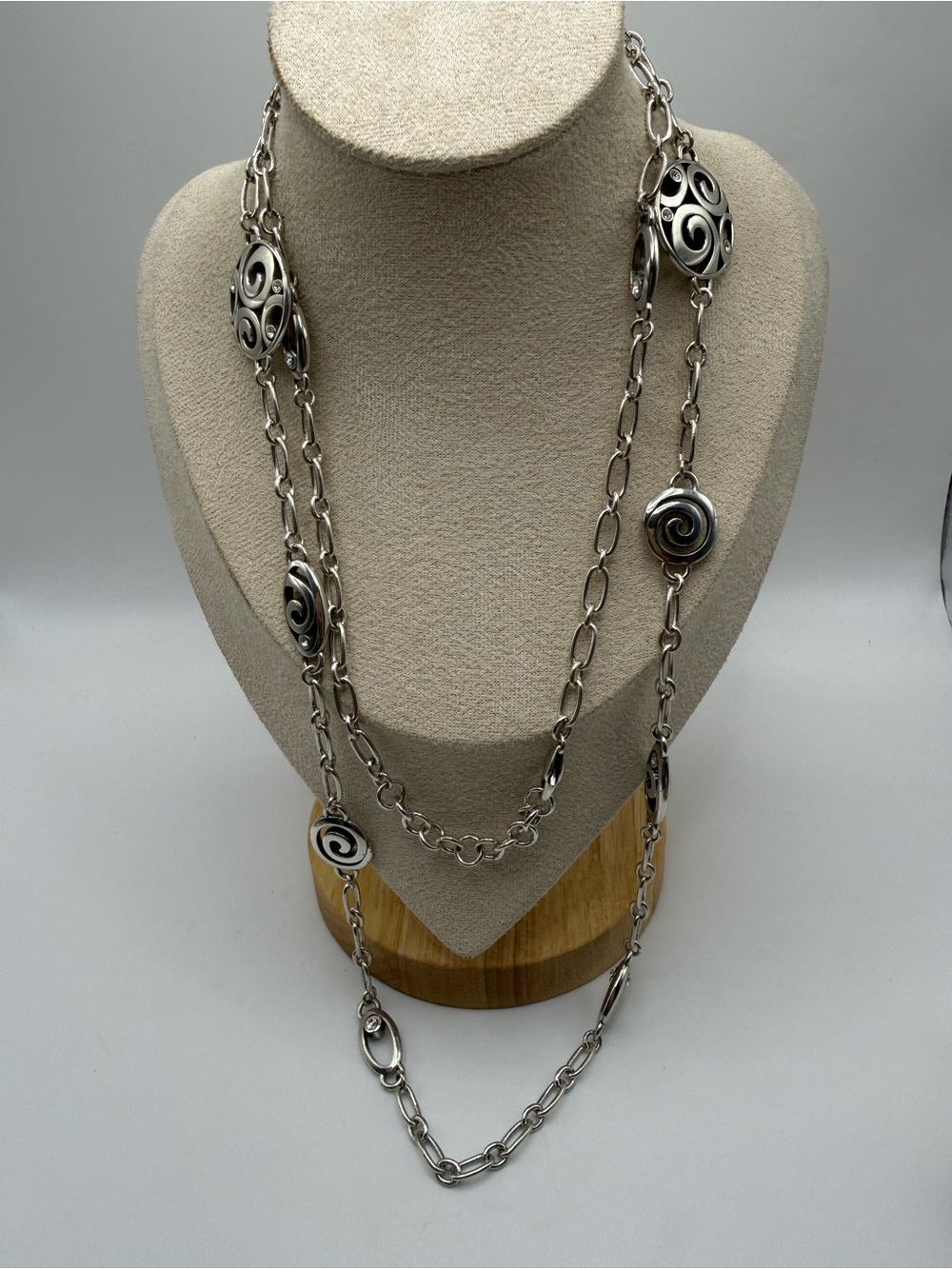 Brighton 42” Long Silver Tone Swirl Station Necklace Crystal Accent Retired